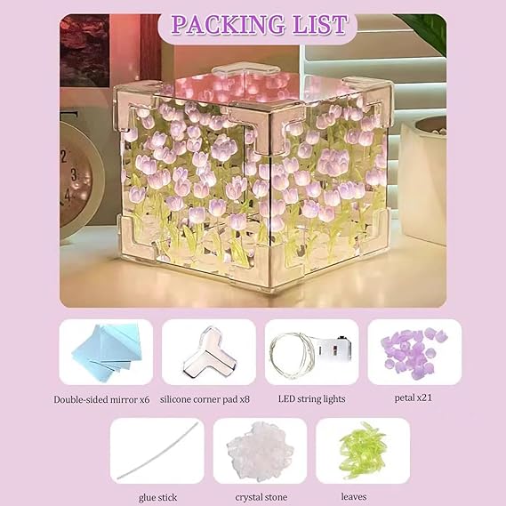 Tulip Cube Mirror Lamp, 30 Flowers Led Decorative Lamp, 2 In 1 Mirror & Table Ornaments For Bedroom Livingroom Desktop Decor Birthday Gift multicolor