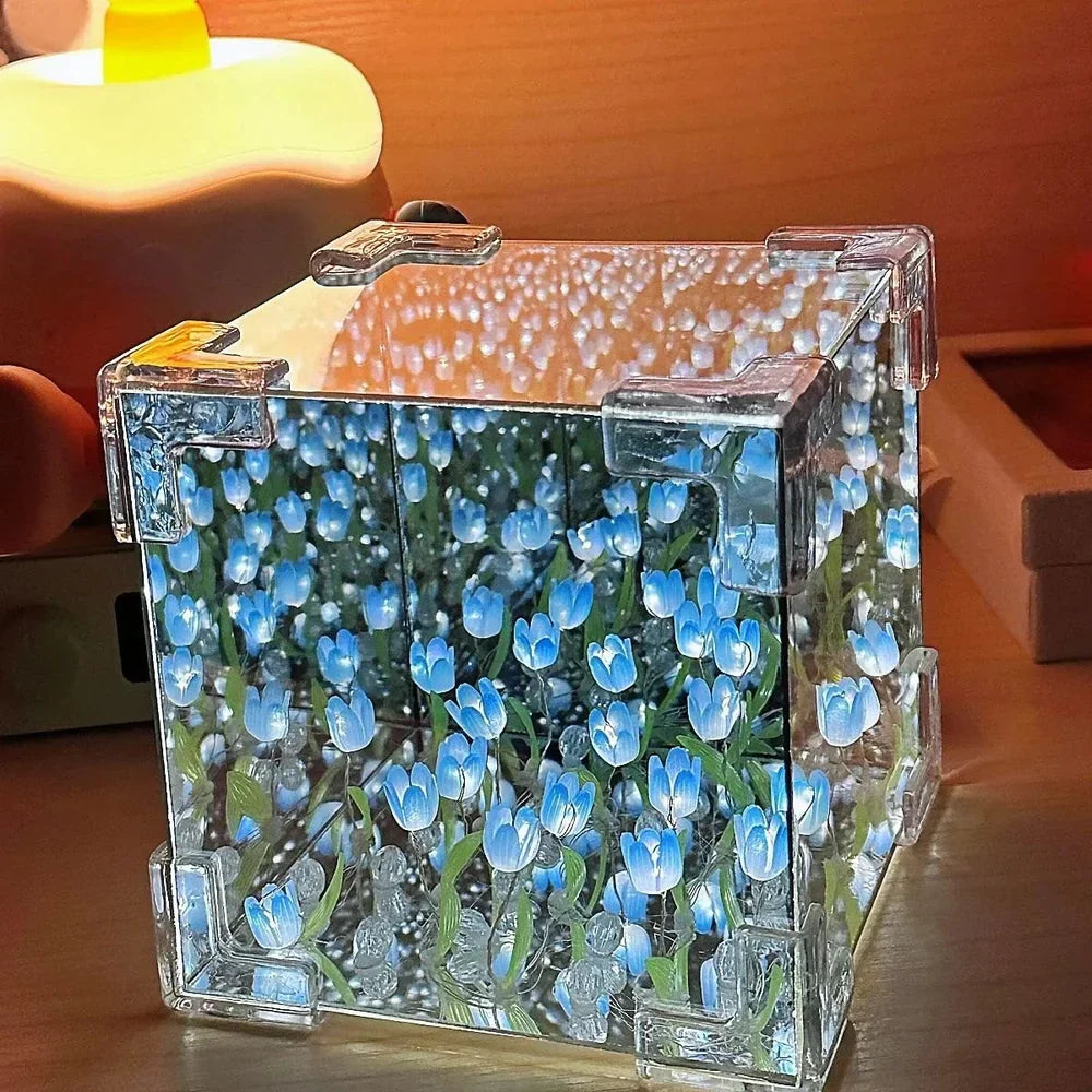 Tulip Cube Mirror Lamp, 30 Flowers Led Decorative Lamp, 2 In 1 Mirror & Table Ornaments For Bedroom Livingroom Desktop Decor Birthday Gift multicolor